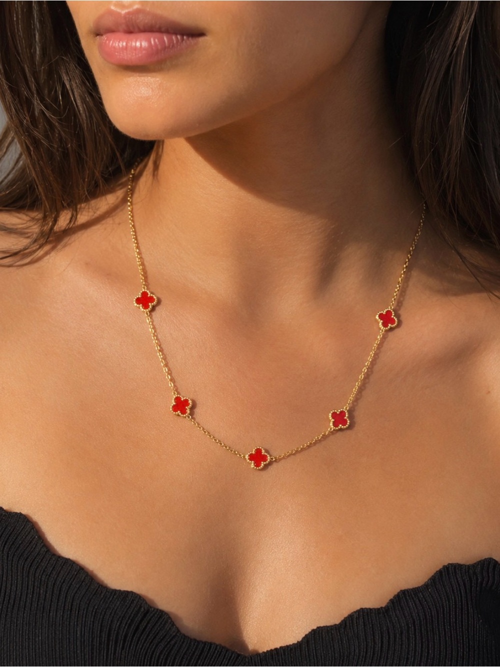 17” Gold Chain Necklace with Red Clover Accents - Women Jewelry